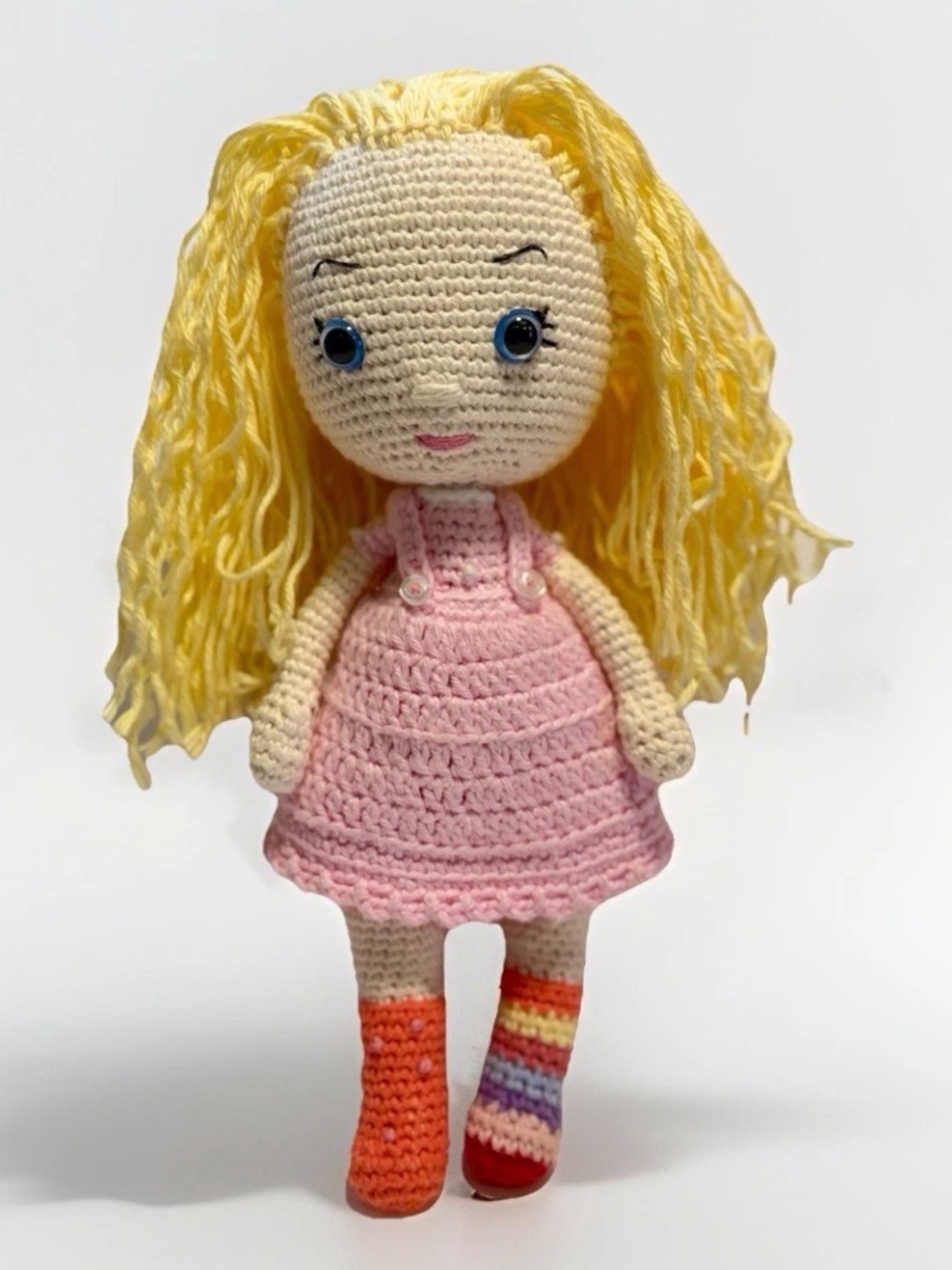Handmade Crochet Amigurumi Doll Blonde Hair Pink Dress Plush Stuffed Toy.